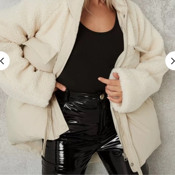 Missguided Tall Borg Mix Cinched Waist Puffer Jacket Black Teddy Size 4 - Picture 9 of 10